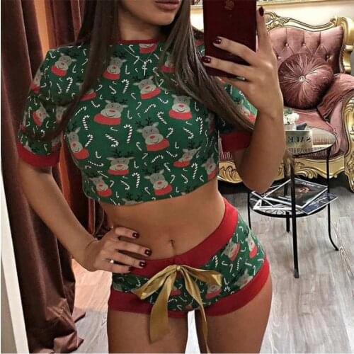 BKLD Two Piece Set Women Autumn Winter Christmas Printed Shorts Womens Pajamas Lounge Set Sexy Short Sleeve Crop Top Outfits