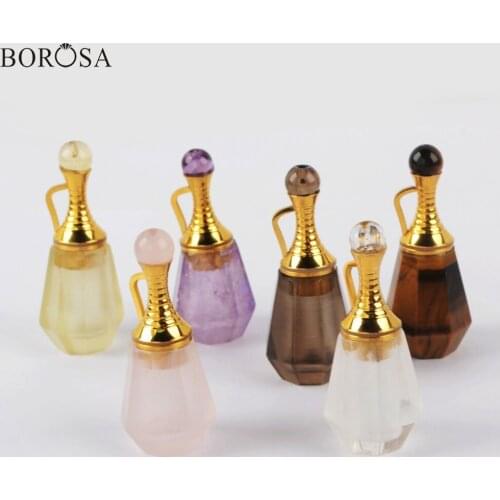 BOROSA 3Pcs Gold Multi-kind Natural Gems Stone Essential Oil Diffuser Perfume Bottle Pendant Amethysts Charm for Necklace WX1223