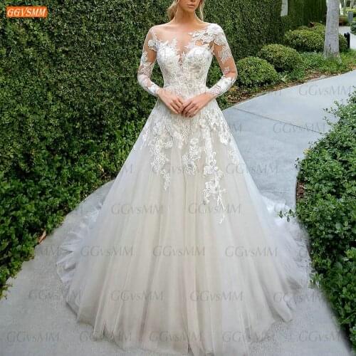 Elegant Long Sleeves Wedding Dress 2021 White hochzeitskleid Backless Appliqued Tulle vestidos de noiva Custom Made Bride Gowns
