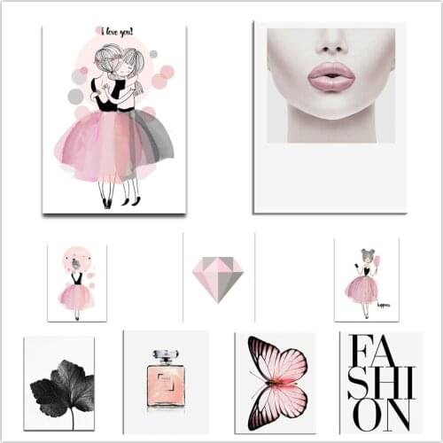 Canvas Painting Pink Girl Black Leaf Perfume Bottle Posters and Prints Wall Art Picture For Living Room Home Decoration