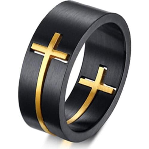 BONISKISS Religious 8mm Stainless Steel Black Color Jesus Cross Rings For Men High Quality Prayer Rings for Men Jewelry Gift