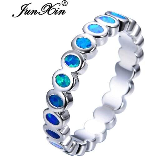 JUNXIN Oval Stone Engagement Thin Rings For Couples White Gold Black Gold Filled Minimalist Blue White Fire Opal Ring Women Mens
