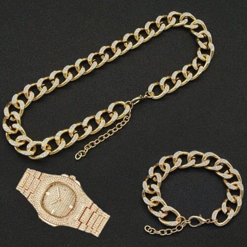 16MM Hip Hop 3pcs Kit Full Iced Out Paved Rhinestone Choker Miami Adjustable Cuban Necklace+Watch+Bracelet For Men Women Jewelry