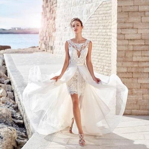 New Summer Boho Lace Bridal Wedding Gowns with Detachable Skirt Jewel Neck Wedding Dresses for Bride Sleeveless Illusion Back