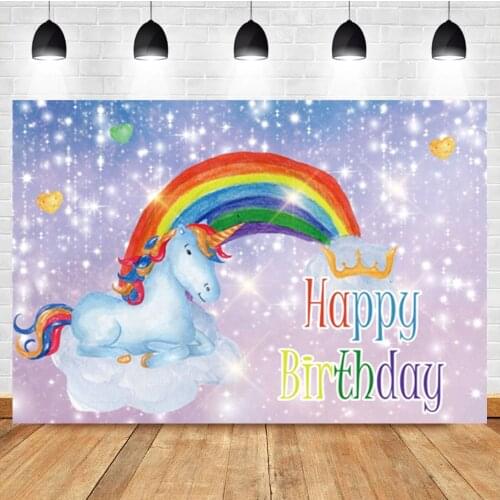 Laeacco Cartoon Rainbow Unicorn Sequin Light Bokeh Baby Birthday Portrait Photo Background Photographic Backdrop For Photo Studi