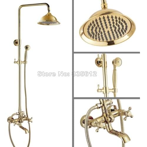 Gold Color Brass Rain Shower Faucet Set W/Wall Mounted Bathroom Dual Cross Handles Bathtub Mixer Tap with Handheld Shower Wgf383