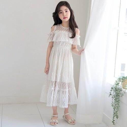 2020 Summer Elegant Girl Dress Lace Hollow out Maxi Dresses White Kids Princess Party Wedding Frocks Birthday Girl Clothes