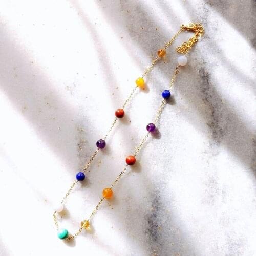 Lii Ji 7 Chakra Natural Multi Stone Malachite Lapis Lazuli CItrine Jasper Necklace 14k GF Gold Chain Delicate Starry Necklace