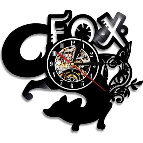 Cute Fox Animal Vinyl Record Wall Clock Modern Creative Vintage LED Light Hanging Wall Art Watch Silent Quartz Home Decoration
