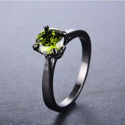 Minimalist Female Olive Green Stone Ring Vintage 14KT Black Gold Wedding Rings For Women Promise Love Round Engagement Ring