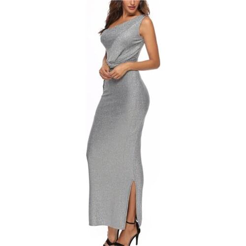 Fashion Womens Summer Dress Gray Sexy Tube Top Maxi Dress One Shoulder Sleeveless Wrap Dress Celebrity Club Evening Party Dress