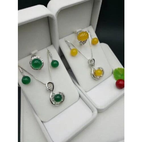 Natural ice chalk set 925 silver inlaid chalcedony yellow green two pendants ring earrings send gifts sisters