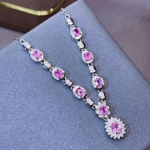 Delicate 3*4mm Natural Pink Sapphire Necklace for Women Party S925 Silver Pink Sapphire Fine Jewelry September Birthstone