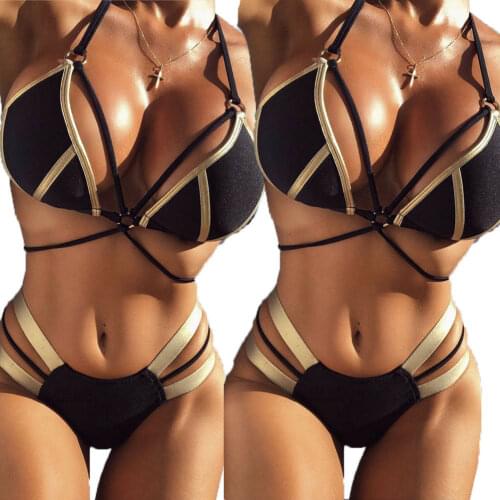 2019 New trendy sexy summer solid v-neck Womens Bikini Set Beach Swimsuit Padded Push-up Bathing Suit Swimwear Beachwear