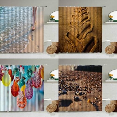 Ocean Beach Scenery Shower Curtain Colorful Shell Stone Summer Vacation Theme Bathroom Wall Decor With Hook Waterproof Screen
