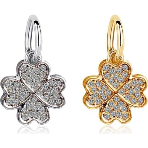 Fit Original Pandora Charms Bracelet Pave Clear Crystal CZ Gold Silver Color Clover Pendant DIY Jewelry for Women Good Luck Bead
