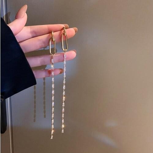 Simple Fashion Zircon Inlaid Tassel Long Dangle Earrings for Women Girls Temperament Geometric Earrings Party Jewelry 2021 New