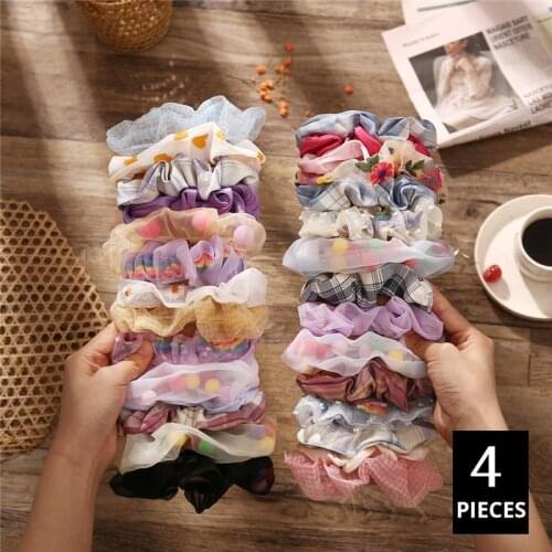 4PCS/SET New Lace Floral Scrunchies Set For Women Girls Elastic Hair bands Gum Hair Tie Ponytail Hold Korean Hair Accessories