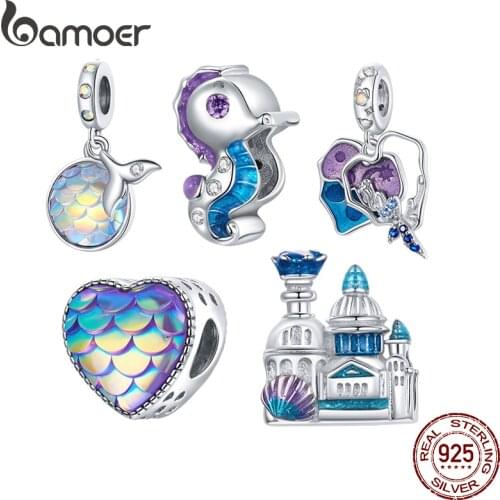 Bamoer 925 Sterling Silver Enamel Marine Life Charm Mermaid Sea Horse Fishtail Scale Shell Heart Scaly Bead Castle Charm BSC428