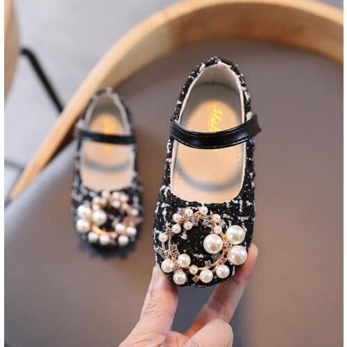 Girls Shoes Pearls Princess Shoes Costume Tweed Baby Kids Children Mary Janes Shoes Plaid Bead Toddlers Non-slip Spring Autumn