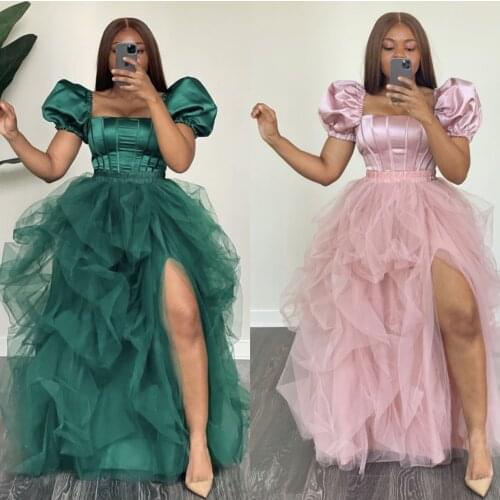 Two Pieces Ruffled Tulle Skirt And Puffy Short Sleeves Top High Waist Skirts Side Split Custom Made Any Color Formal Wear