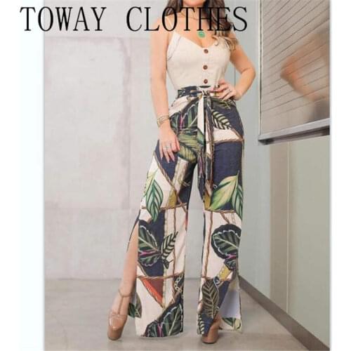 V-Neck Tropical Print Button Decor High Slit Jumpsuit Chic One Piece Summer Playsuit For Women 2021