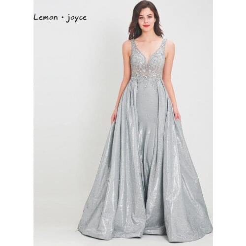 Lemon joyce Gray Evening Dresses 2020 Sexy V-neck Sleeveless Beading A-line Prom Dress Party Gowns Plus Size