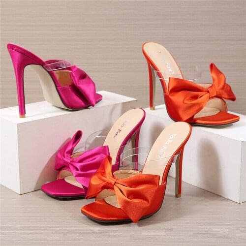 2021 Silk Butterfly-Knot Women Slippers Mule 11cm High Heels Slippers Sandals Flip Flops Pointed Toe Strappy Slides Party Shoes