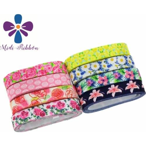 5/8"16mm Spring Series Flower Patterns Pink Rose Printed Fold Over Elastic Ribbon DIY Pack Stuffs Hair Band Making 50Yards/Roll