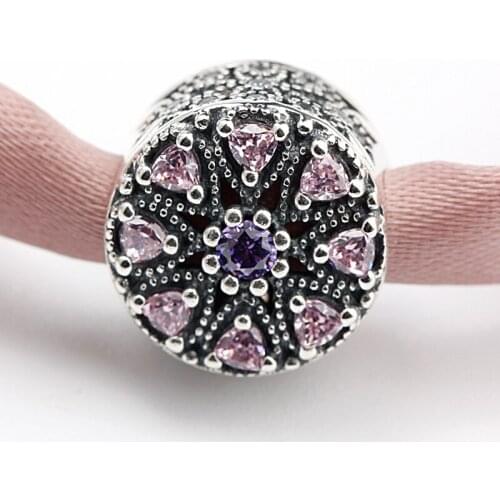925 Sterling Silver Charm with Shimmering Pink&Purple CZ Fit European Charm Bracelets DIY Jewelry Making for Gift