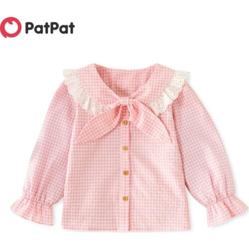 PatPat Toddler Girl Bowknot Lace Doll Collar Ruffle-sleeve Button Design Plaid Blouse