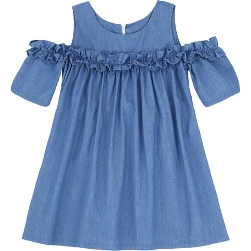 Kids Girls Denim Dress Short Sleeve Off Shoulder Ruffles Princess Dress Children Casual Party Dresses Summer Girls Clothing