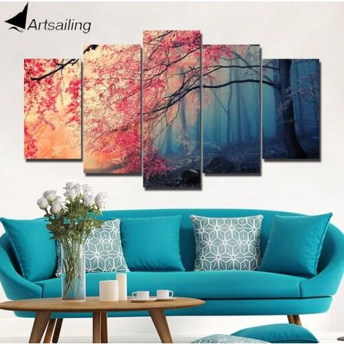 ArtSailing Poster HD Prints Modern Wall Art Canvas For Living Room 5 Pieces Cherry Blossoms Pictures Red Trees Forest painting
