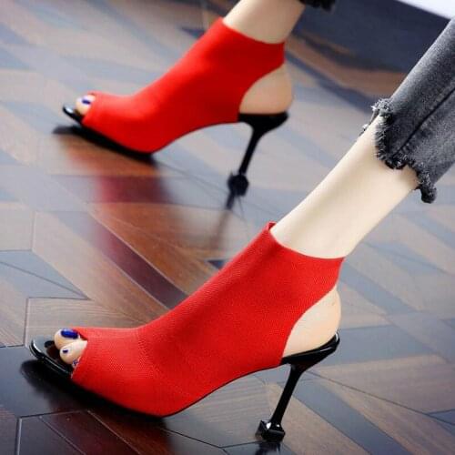 Summer new European and American fish mouth knitted elastic sandals fashion wild high heels simple womens shoes Thin Heels