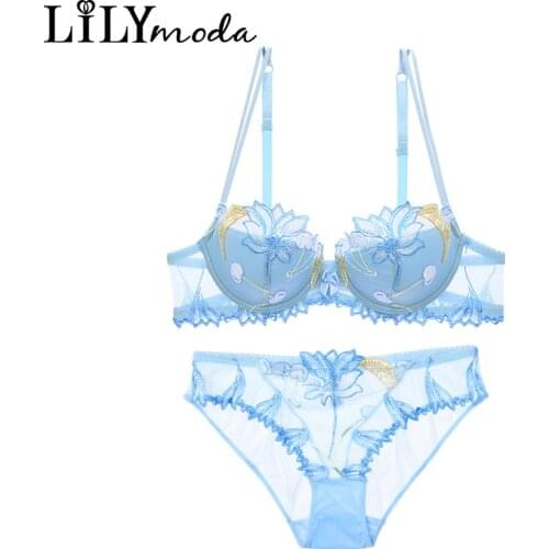 LILIMODA Women Sexy Comfortable Paded Thin Cotton Bra Brassiere Sets Floral Lace Embroidery Underwire Lingerie Underwear BLUE