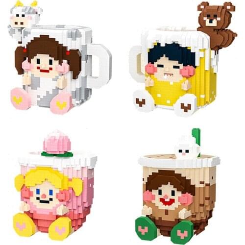 Cute Cartoon Milk Tea Cup Micro Building Blocks Toys DIY 3D Cow Pen Container Mini Diamond Brick For Kid Student Christmas Gift