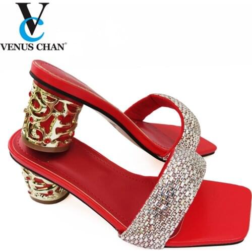 Fashion 2021 Special Arrivals Wedding Red Color Nigeriain Shoe Ladies Square Toe Low Heel Elegant Sandals Female Elegant Shoes
