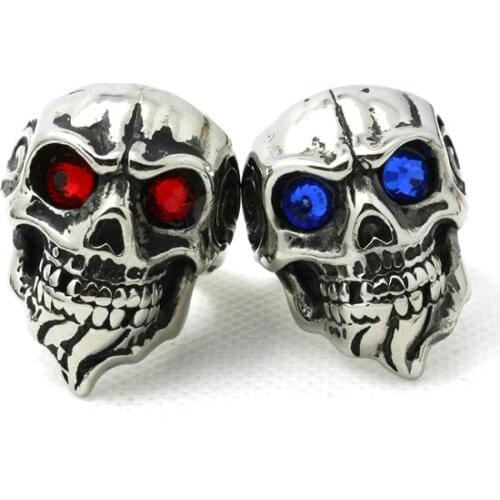 Fashion Skull With Red&Blue Crystal Eyes Ring 316L Stainless Steel Top Quality New Ghost Biker Beard Skull Cool Popular Ring