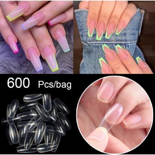 600PCS Long Ballerina Ballet Shape False Nails Tips Full Cover Coffin Fake Nails Art Acrylic Tips Press On Nails Coffin Tools
