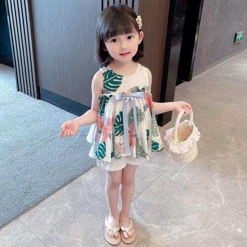 New Flower Leaf Pattern Girls Summer Suit Sleeveless Crew Neck Childrens Clothing for 0-7 Years Kids Casual Clothes Two Pieces