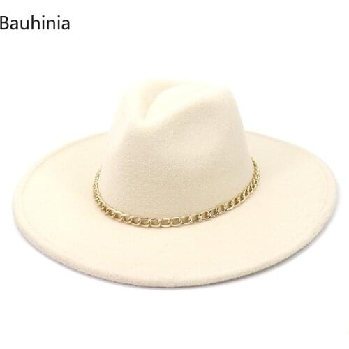 Autumn Winter Warm Fedora Hats 9.5CM Big Brim Panama Triby Felt Hats With Chain Gentleman Elegant Jazz Church Cap