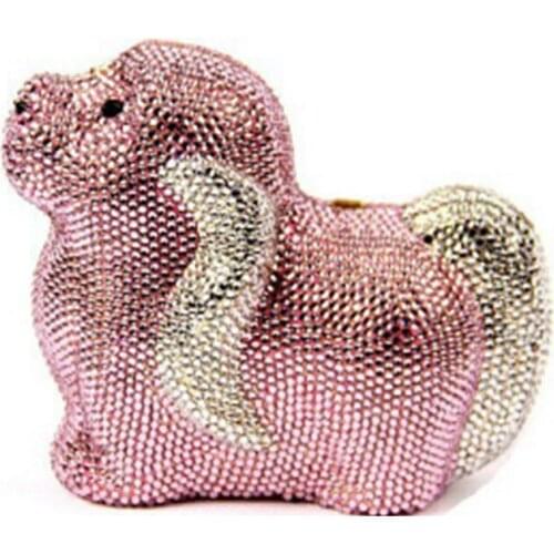 Dog shape pink gold silver CrystalPurse Evening Clutch Bag Bridal Diamond Wedding Party Minaudiere crossbody messenger bag brown