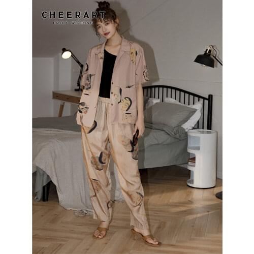 CHEERART Ukiyoe Hannya Print Khaki Pants Women Summer Trousers Loose Fashion Straight Leg Pants Bottoms Womens Nude Trousers