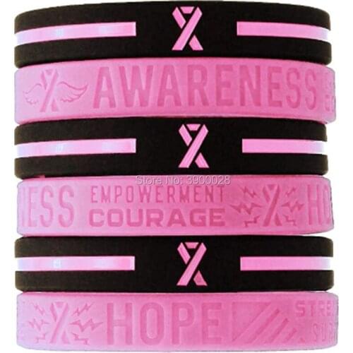 100pcs pink ribbon breast cancer silicone wristband bracelet free shipping