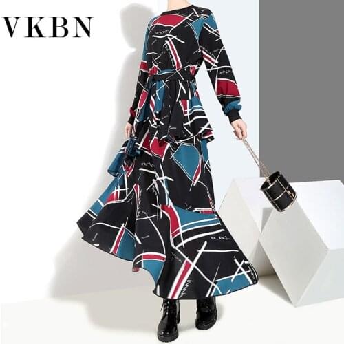 VKBN News Irregular Dresses Women 2021 Cascading Ruffle Belt Geometric Printing Spring Autumn Elegant Vestidos De Fiesta