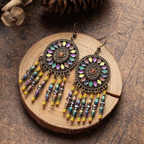 Vintage Long tassel Dangle Earrings For Women Female Ethnic Round Hollow Colorful Beads Drop Earring Oversize Handmade Jewelry