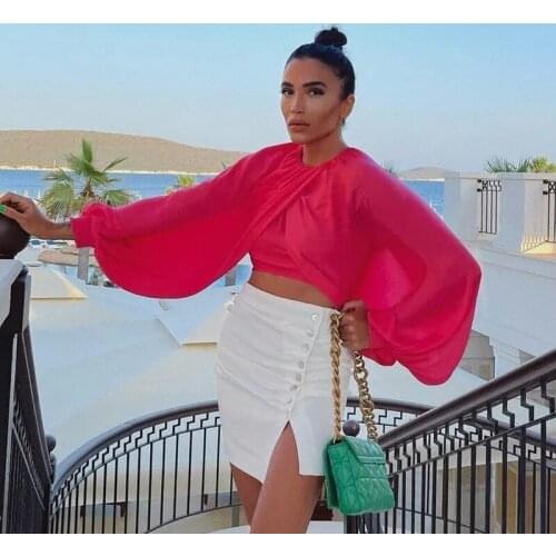 Foridol Lantern Sleeve Rose Red Fashion Crop Tops Women Autumn O Neck Long Sleeve Blouse Tops 2021 Streetwear Top