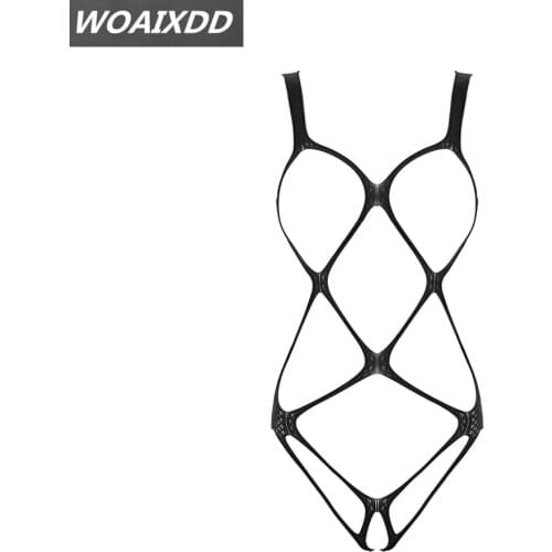Women Sexy Lingerie Fishnet Bodysuit Bandage Clubwear See Through Sheer Long Sleeve Open Crotch High Cut Leotard Bodysuit