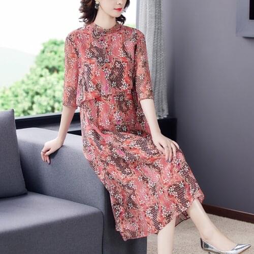 Spring Summer Red Print Chiffon Midi Dress 2021 Vintage Floral 4XL Plus Size Beach Sundress Elegant Women Bodycon Party Vestidos