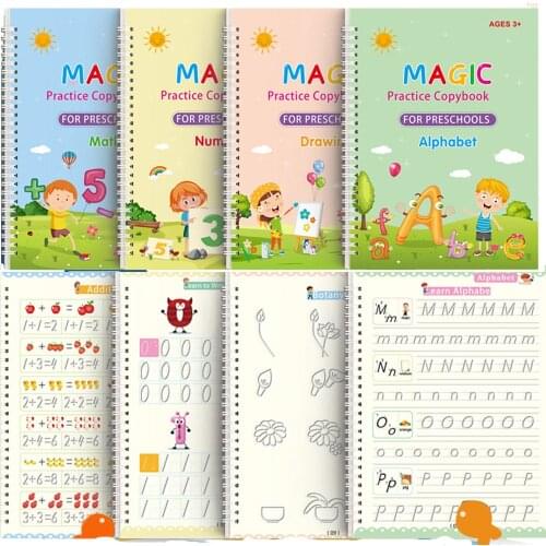 4 Books+Pen Reusable Magic Copybook Writing Calligraphy Books Handwriting Kids Childrens Practice Book English Montessori Toys